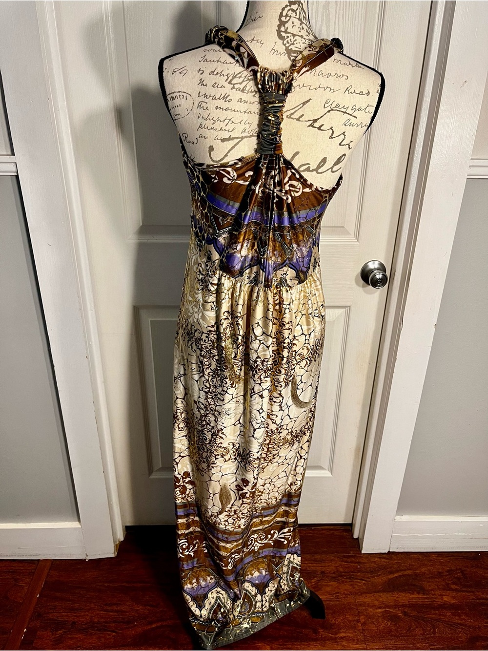 Shoreline Bohemian Printed Halter Maxi Dress - Beige, Purple & Gold foil S/M - Picture 6 of 16